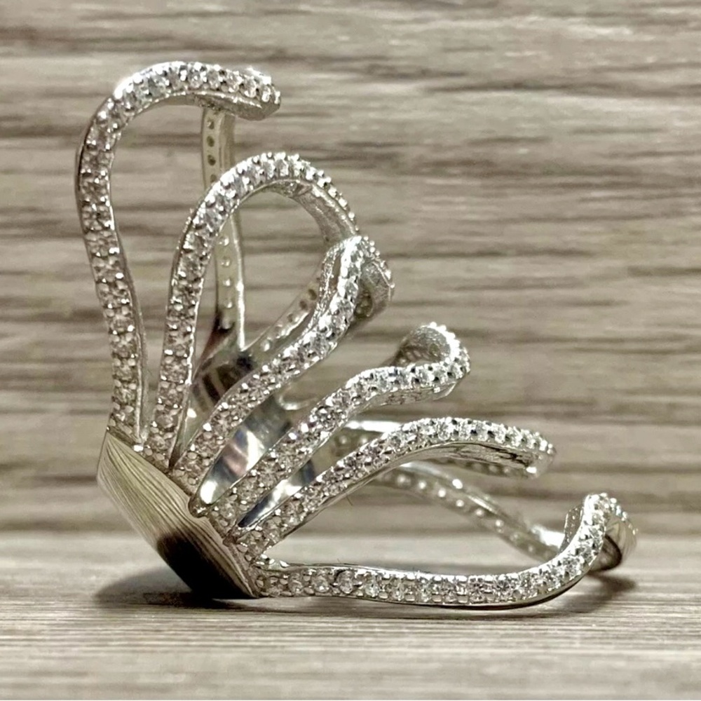 Italian Silver Sterling Silver Free-Form Crystal Full Finger Cage Ring, Size 5 - Picture 4 of 8